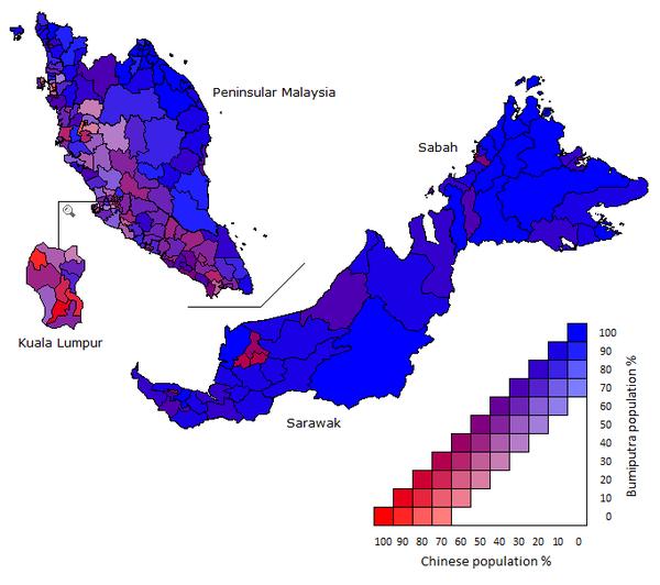 马来西亚种族人口分布图,越蓝就越多土著(马来人,原住民和其他土著)