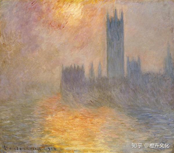 of parliament at sunset"  claude monet,《议会大厦,日落》 莫奈