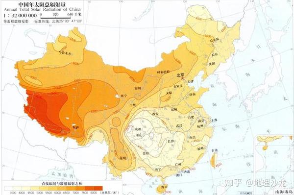 此外, 中国年太阳辐射总量分布图 所以,那些高海拔地区,通常太阳辐射