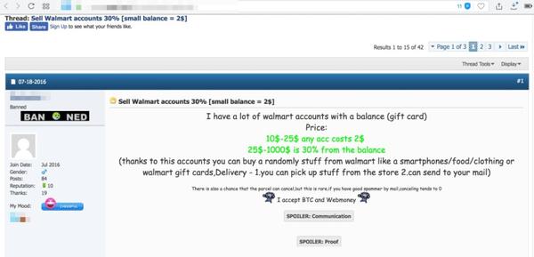 图5,6:暗网上贩卖亚马逊礼品卡号和带有余额的沃尔玛账号的广告