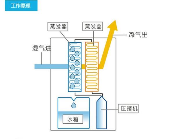 压缩机除湿机的工作原理是通过风扇吸入潮湿的空气,然后通过热交换器