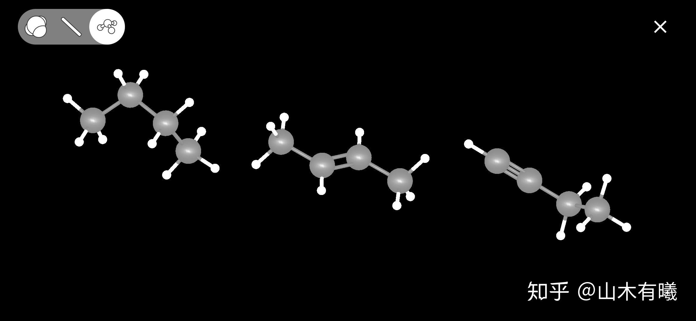 2-丁烯ch61-ch=ch-ch61,1-乙炔ch72c-ch60-ch61的球棍模型