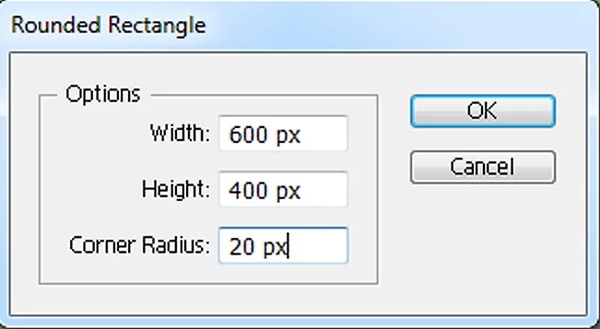 使用圆角矩形工具,将其设置为尺寸600x400像素,角半径20像素