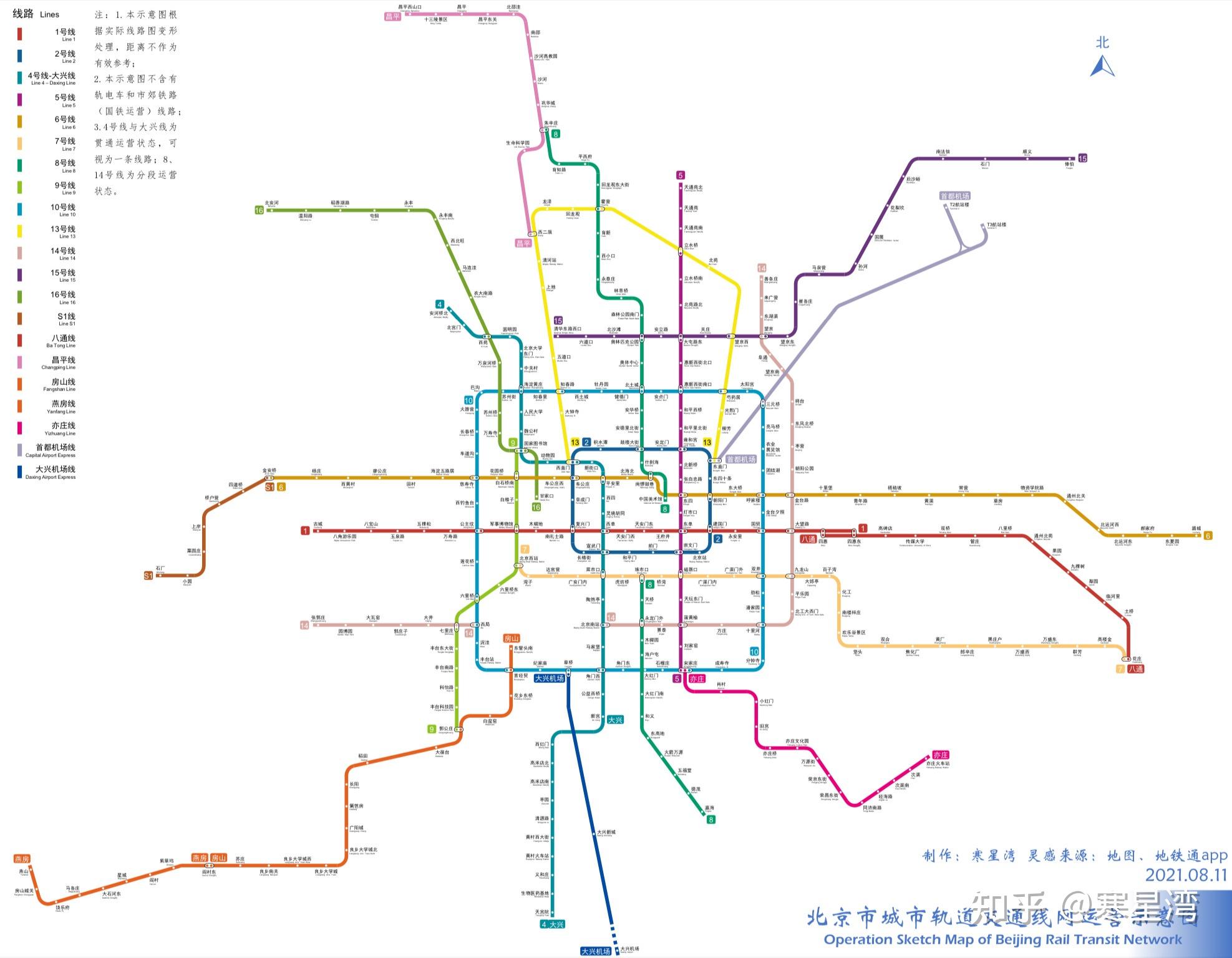 北京地铁线网运营图(截至2020年末)