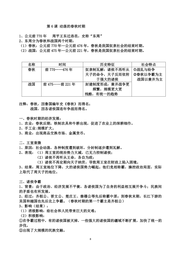 七年级上册中国历史知识点总结归纳