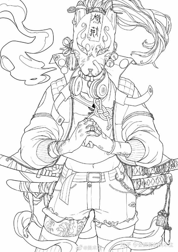 日系武士漫画插画色稿和线稿