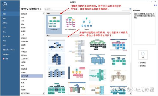 而 亿图图示软件,可以直接在新建时,选择"组织结构图"的模板或者例子