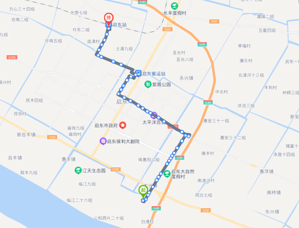 江苏启东火车站启东101路公交车路线:定班车:07:4012:0016:2518:1522