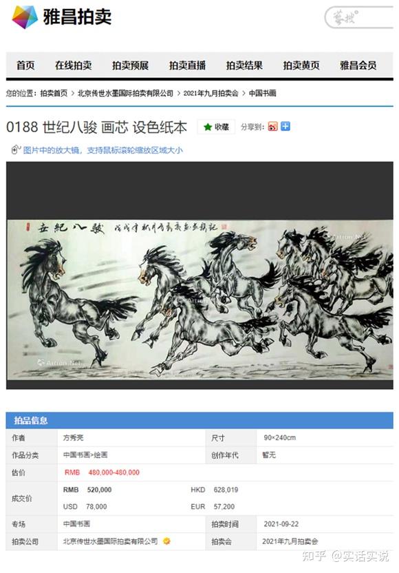 书画家方秀亮拍卖作品世纪八骏520000元落槌