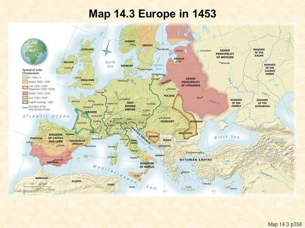 1453年的欧洲, 可以看到芬兰也是刚被算进瑞典的地盘(淡红色处理).