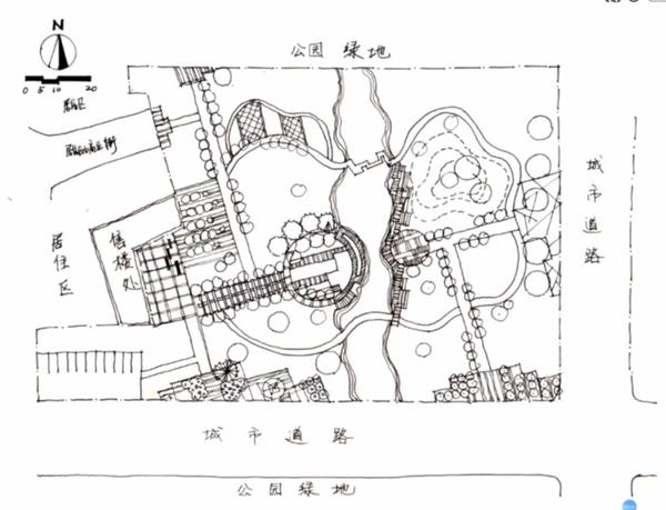 4 总平面图表现步骤 线稿要点:画出红线,周边保留建筑,主要道路,硬质