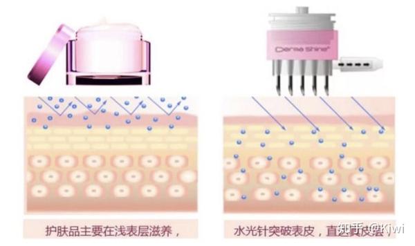 先给大家看一个护肤品对比水光针对皮肤作用的原理图