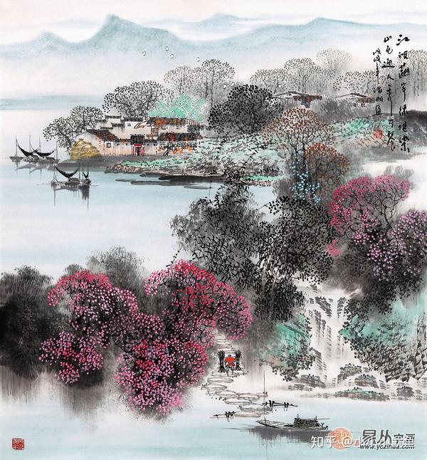 他的乡情山水画主要是以描绘江南民居和田园风光为题材,使用工笔与