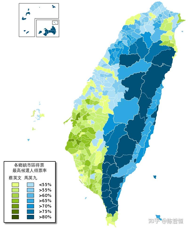 连战领先的区域,黄色代表林洋港,郝伯村领先的区域,可以发现在全台湾