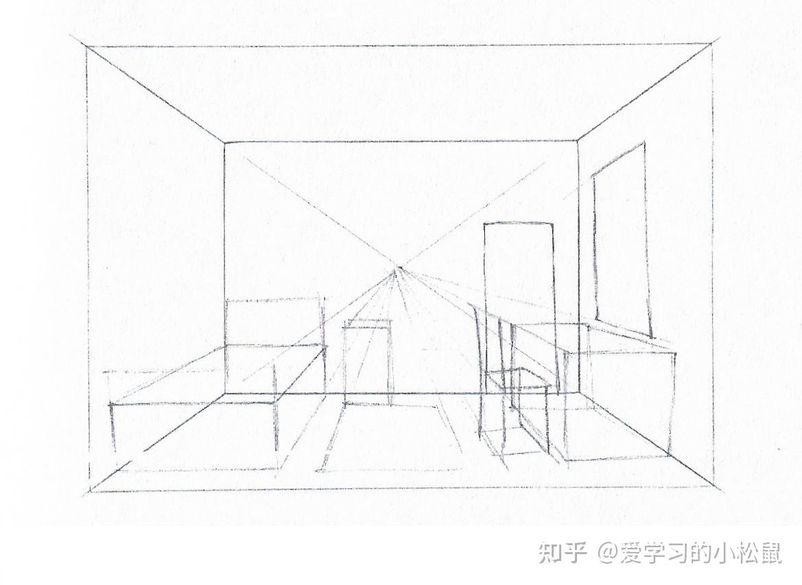 介于消失点和四角之间的透视线上,画出第二个长方形,就是个房间底部的