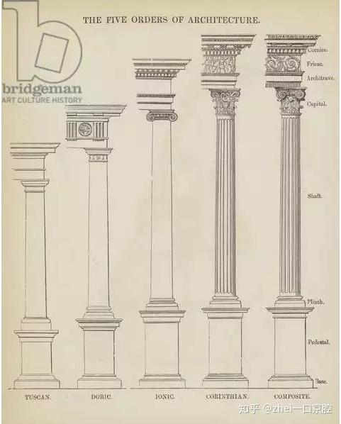 多利安柱式与爱奥尼柱式的比较(左二与左三)