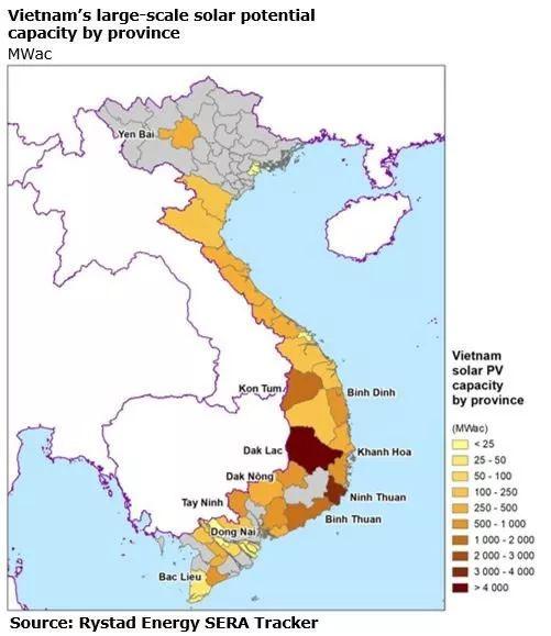 越南各地区潜在太阳能资源分布(图片来源:新能源网)