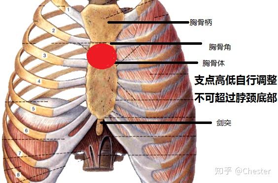 支点位置说明,之前说剑突,但发现不少同学容易出错,那就中性一些吧