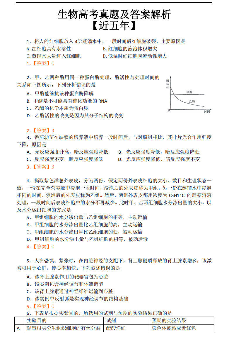 2021生物高考真题训练卷附带答案及系统解析近五年精选