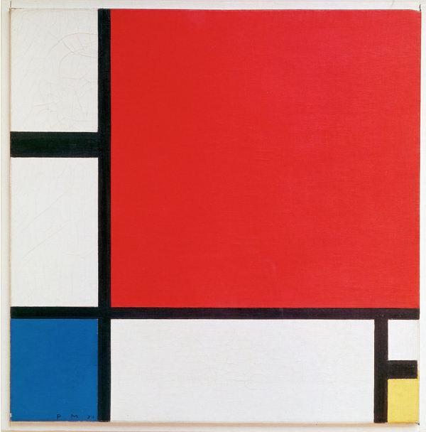 一系列作品,当中只用了粗幼不一的直横线条,矩形色块,与红黄蓝三原色
