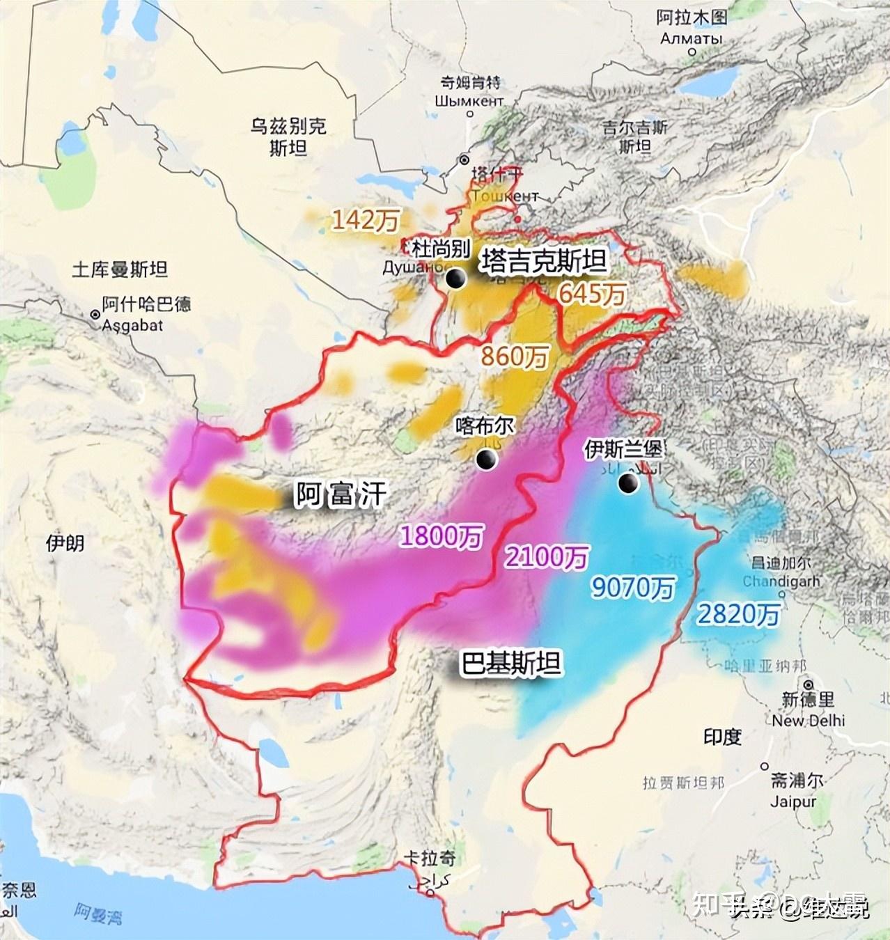 阿富汗南部主要是普什图族(红色;东北部主要是塔吉克族(黄色;哈扎拉