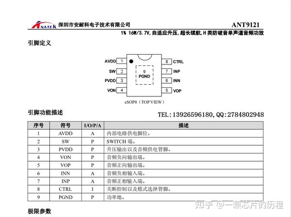 ant9121自适应升压16w/3.7v,超长续航h类防破音单声道音频功放