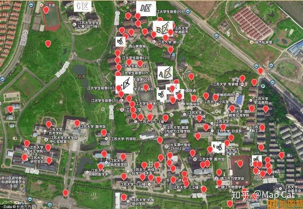 某江苏大学校友制作了一张校园分布图,在地图上标记了各建筑楼的分布