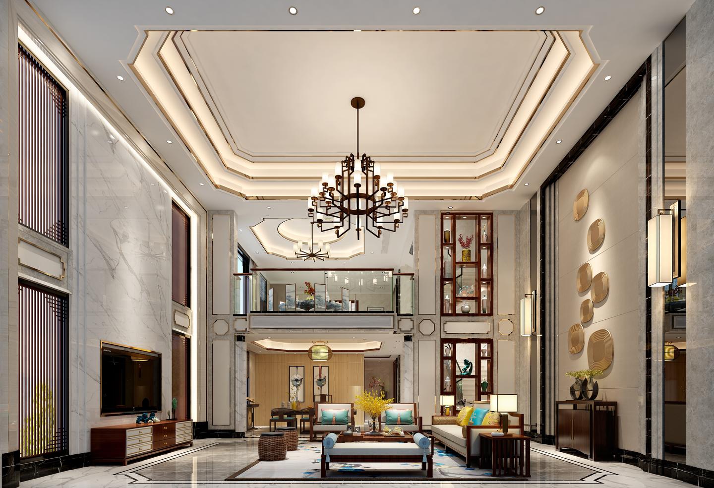 名雕装饰丨550平新中式别墅设计挑空客厅设计感十足大气庄重