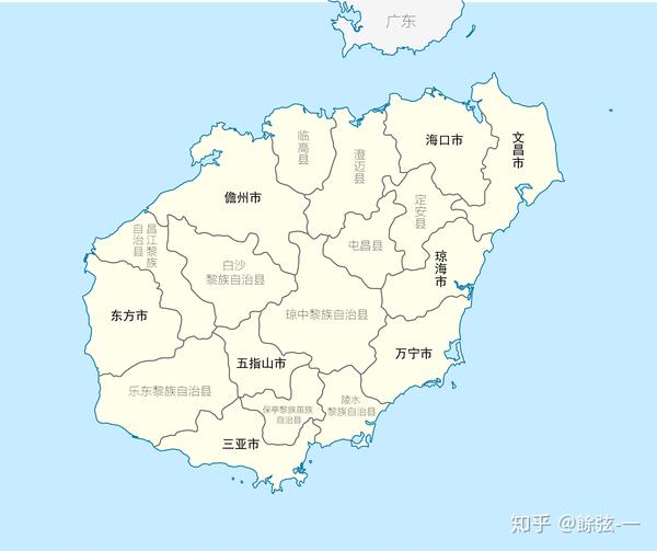 海南岛分市县图,未包含三沙市(底图来源:维基百科)