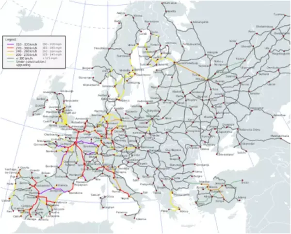 2017年欧洲高速铁路运输网 图片来源:维基百科