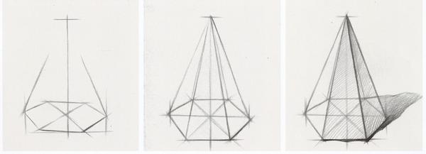 六棱锥的透视最重要的是底面正六边形的透视变化,a组合b组线都是由近