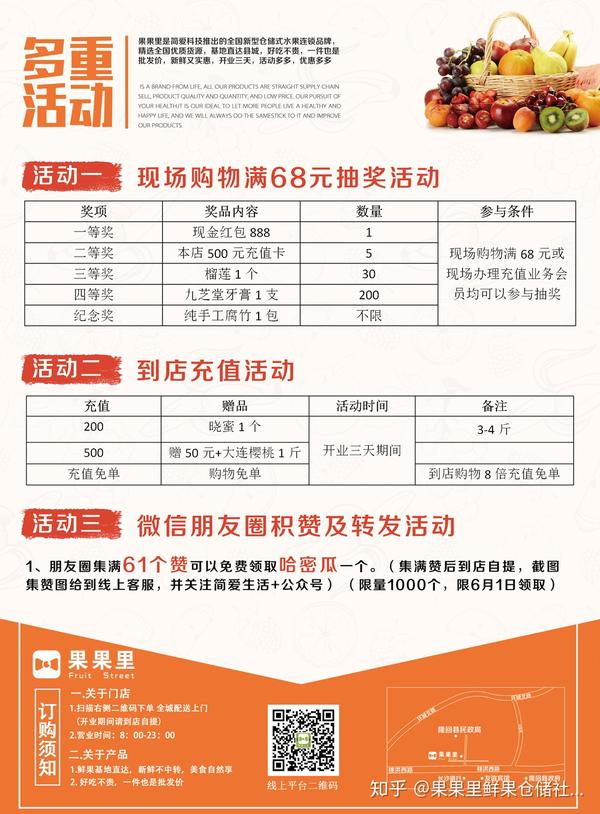 水果店开业活动方案: 店内抽奖 充值优惠 微信朋友圈转发
