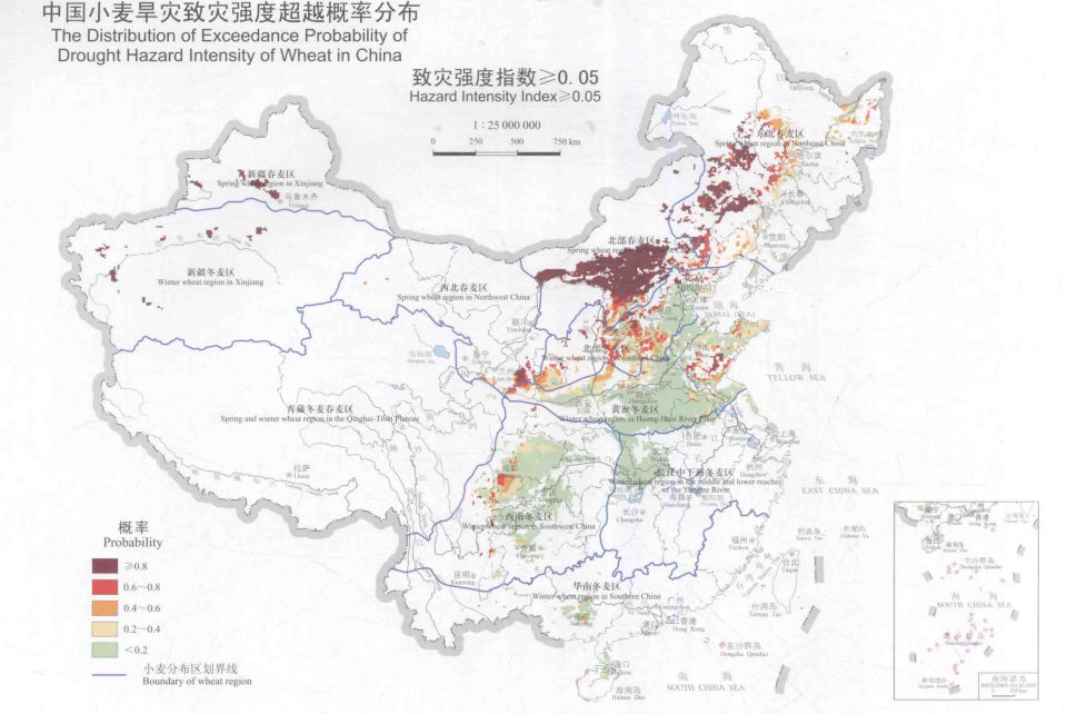 中国小麦旱灾致灾强度超越概率分布图,图源《中国自然灾害风险地图集