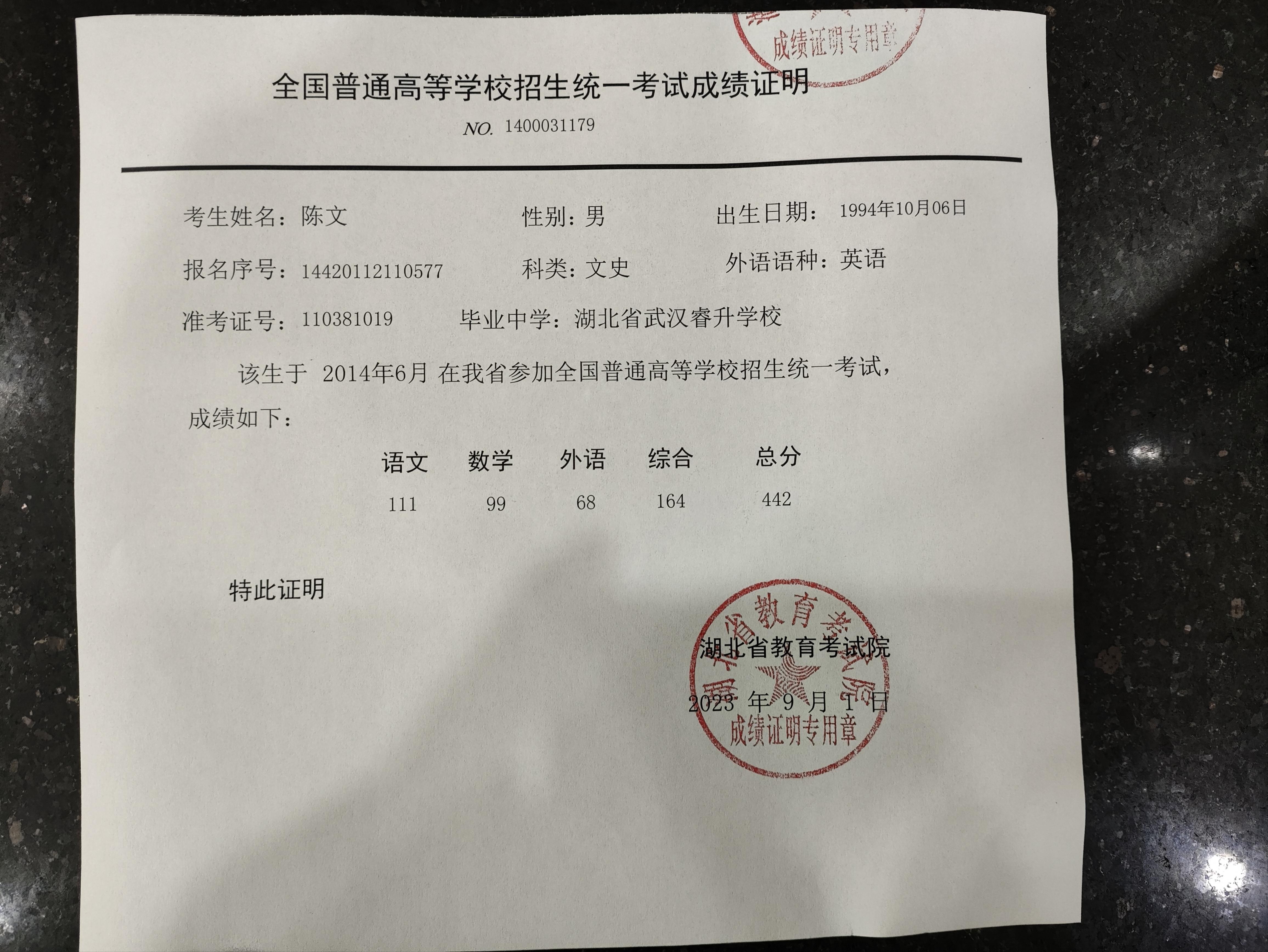 的想法: 你们自己去湖北省教育考试院自己去开高考成绩证明,看看你们