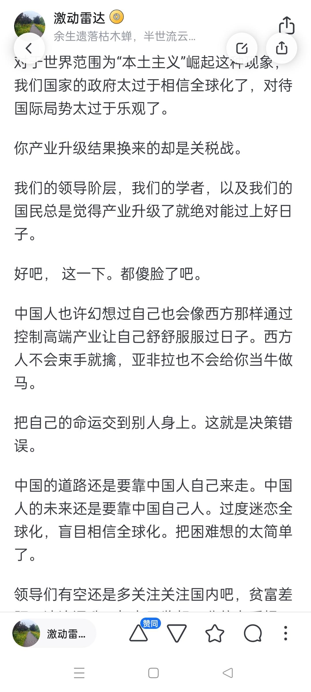 斥责国内主流盲目相信全球化