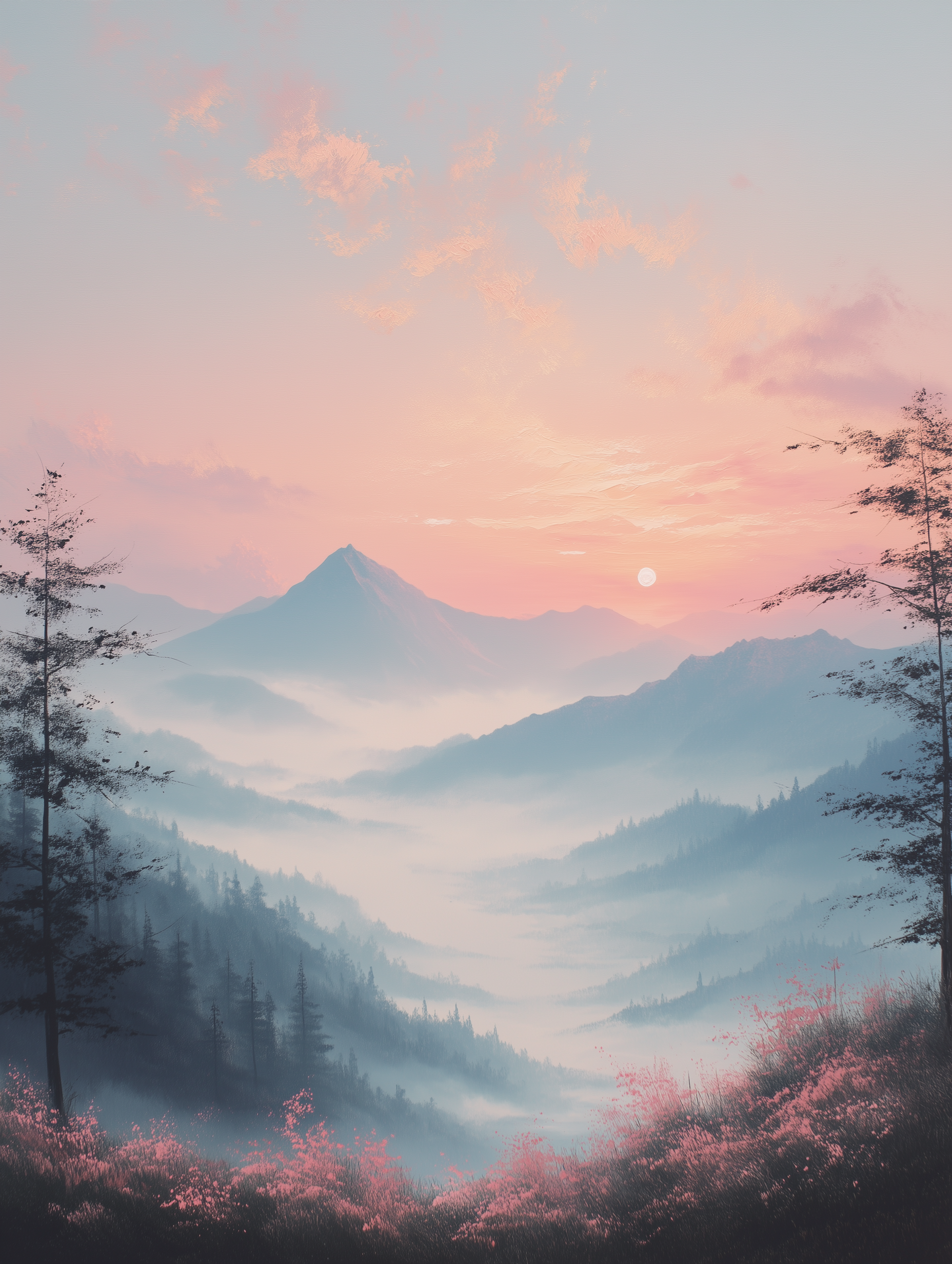 画面中,粉色的日落散发着温柔的光芒,为