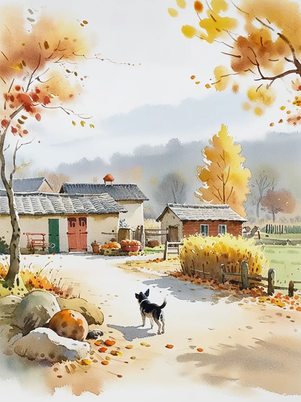 诗意绘画秋日午后我们看到了一个宁静而美丽的秋天乡村场景画面中央是