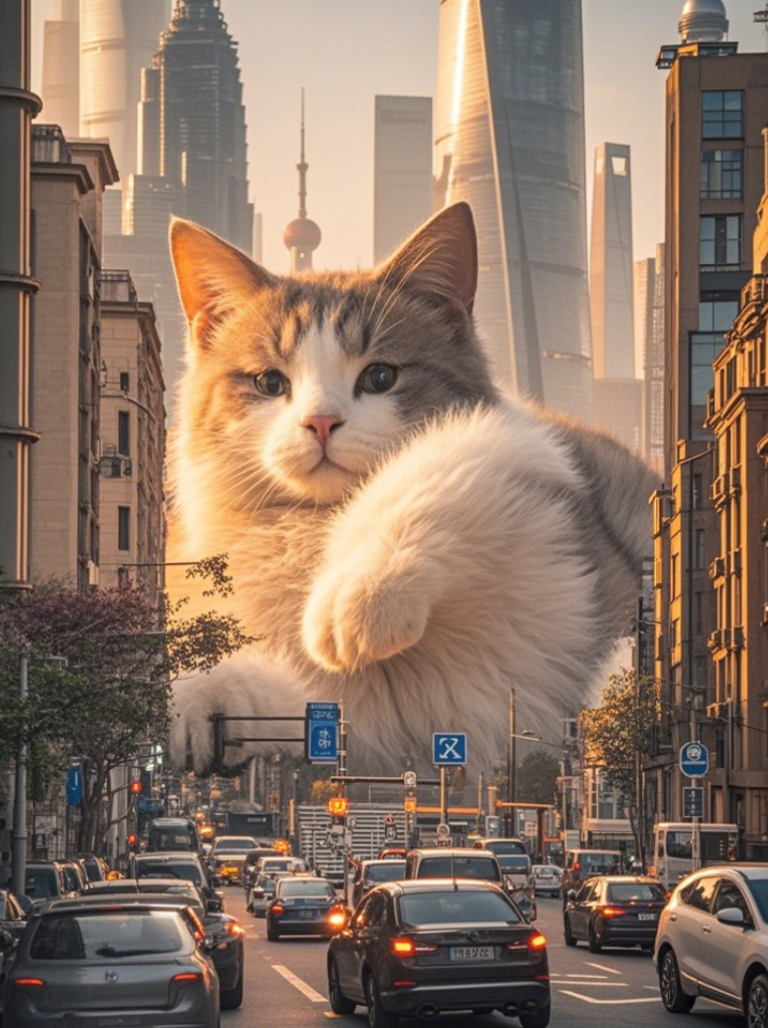 百灵 的想法: ai绘画练习,一只巨大的猫咪躺在街道上