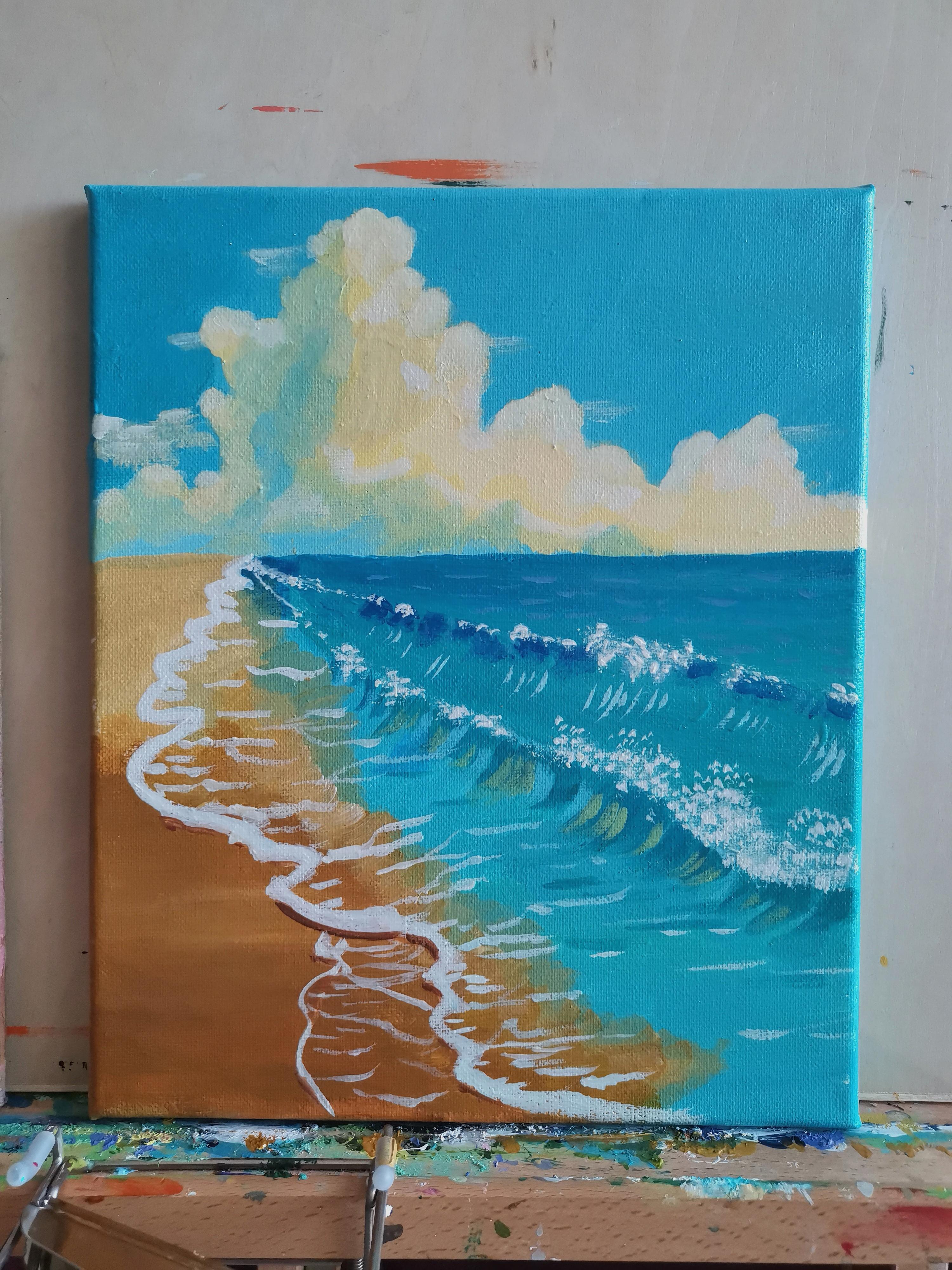 这幅25*30手绘丙烯画将大海的动态与神秘表现出来了