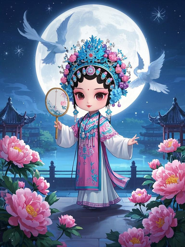 西施q版头像提示词q版京剧西施娃娃头部比例放大五官精致柔美眼神温婉