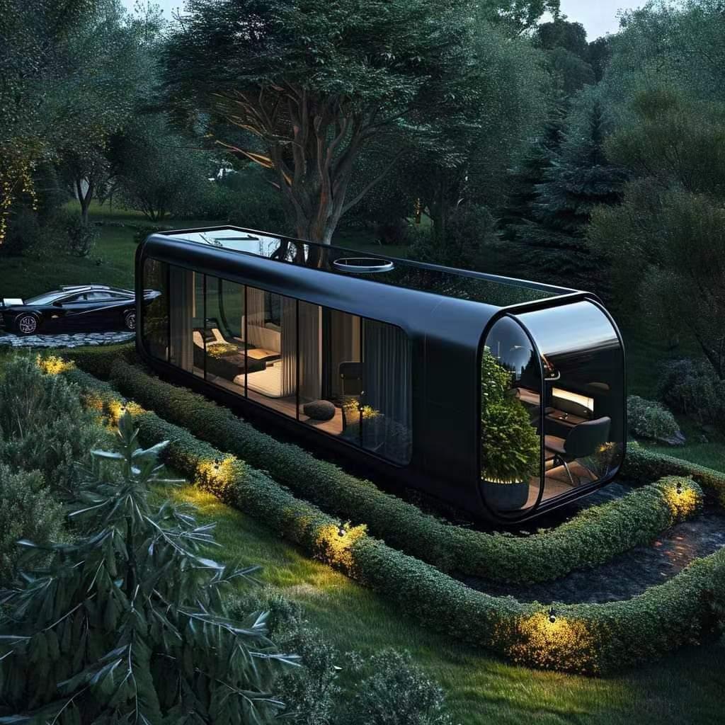 的绿树和灌木为半圆形房子圆形房子半圆的建筑未来圆形房子图片蜗居