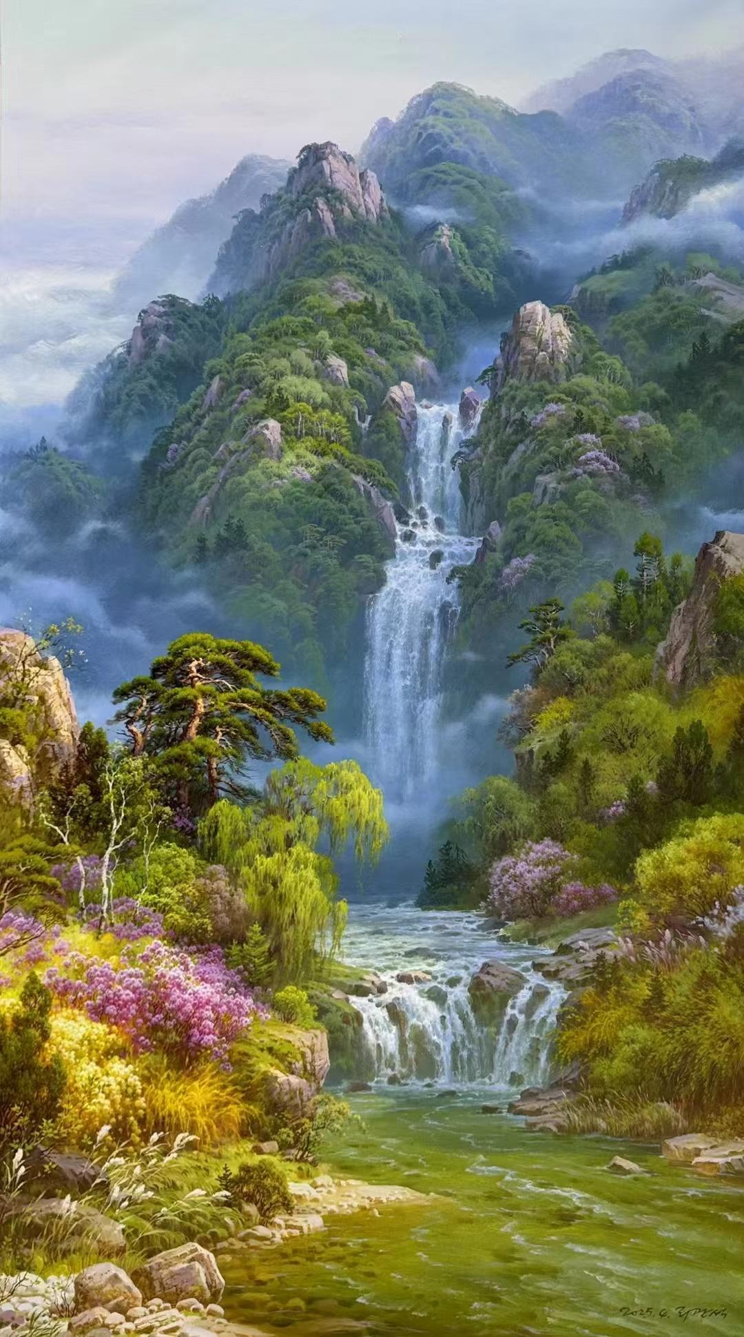 的想法: 朝鲜油画《翠谷飞瀑,大自然的交响诗》