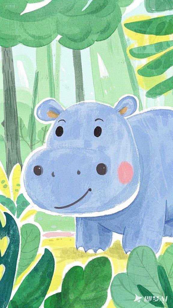 朝朝暮暮迟 的想法: 水彩画晕染,q版大头特征,一只可爱的小河马,全身