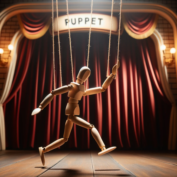 但丁jr 的想法: puppet | puppet#巧记单词 #DALLE3 图片提示中文：照片展示了一个木制的提线木偶，悬挂在舞台背景前的 ...