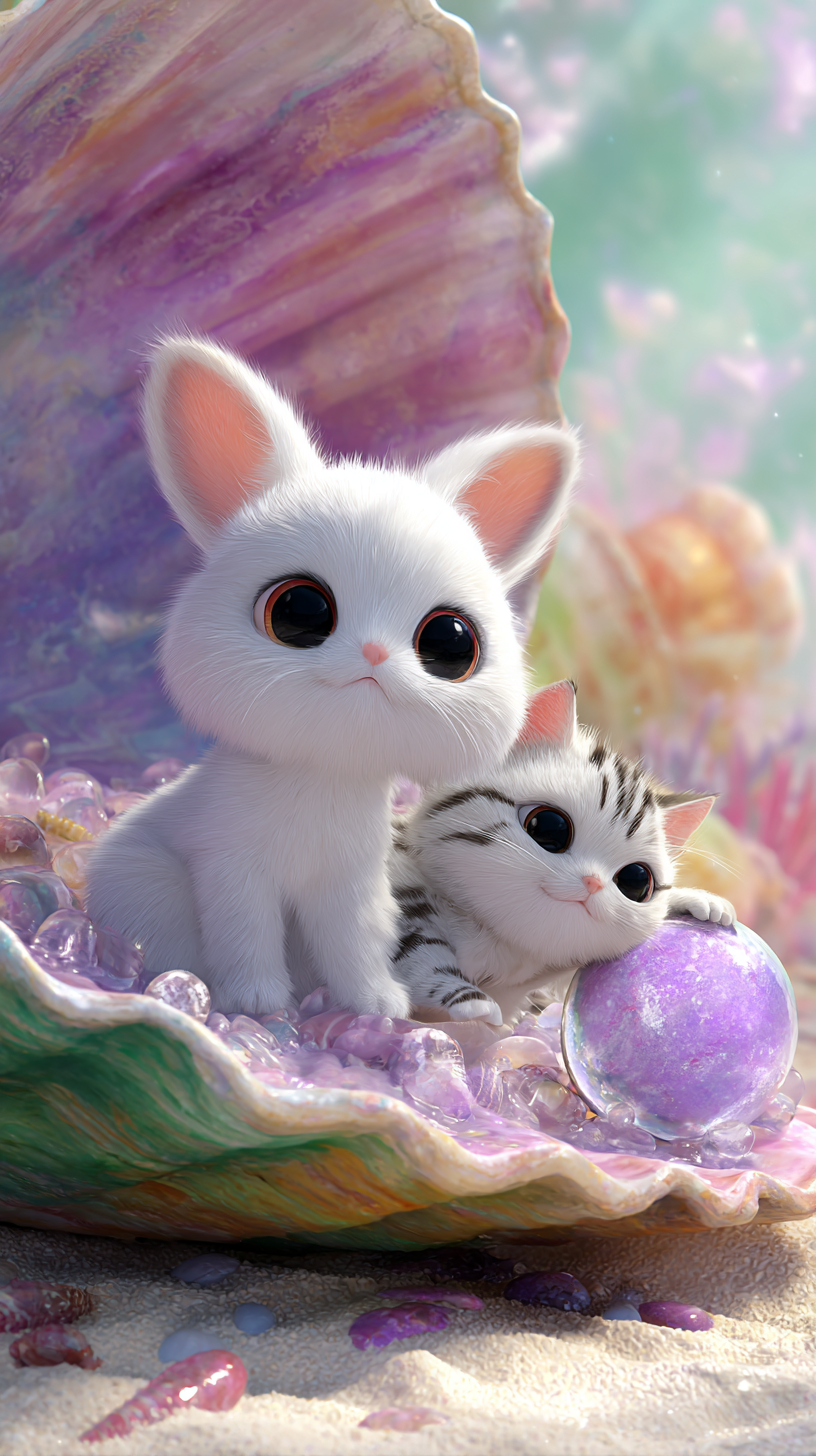 海边的童话世界温暖的夏天小猫咪和小兔子在沙滩上坐在彩色的大贝壳里