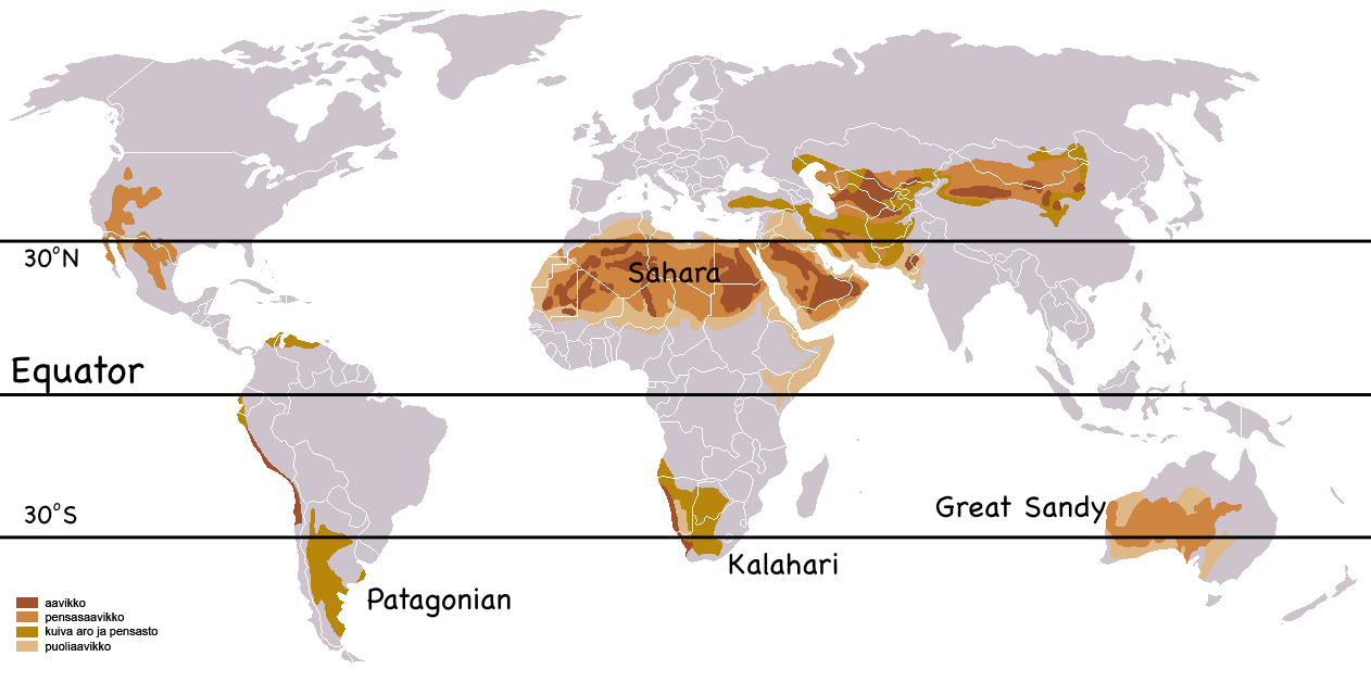 of the world ,世界主要沙漠区域的分布图,北纬30线孕育了早期的人类