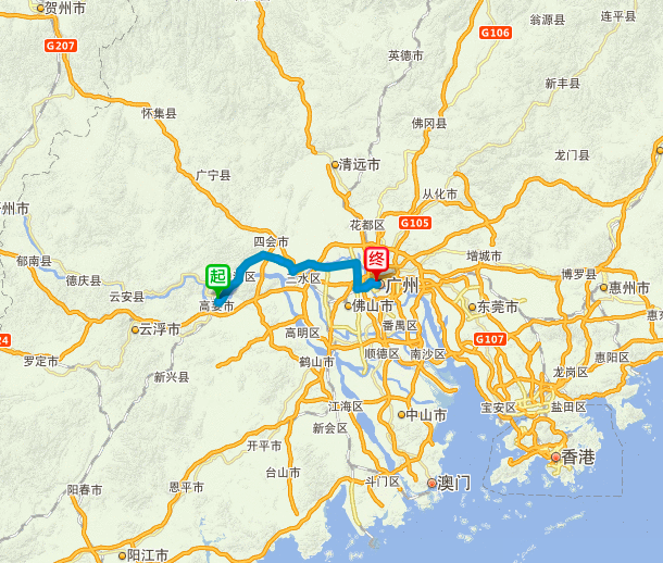从肇庆端州区的起点开始,到广州海珠区的终点距离大概是120km,全路段