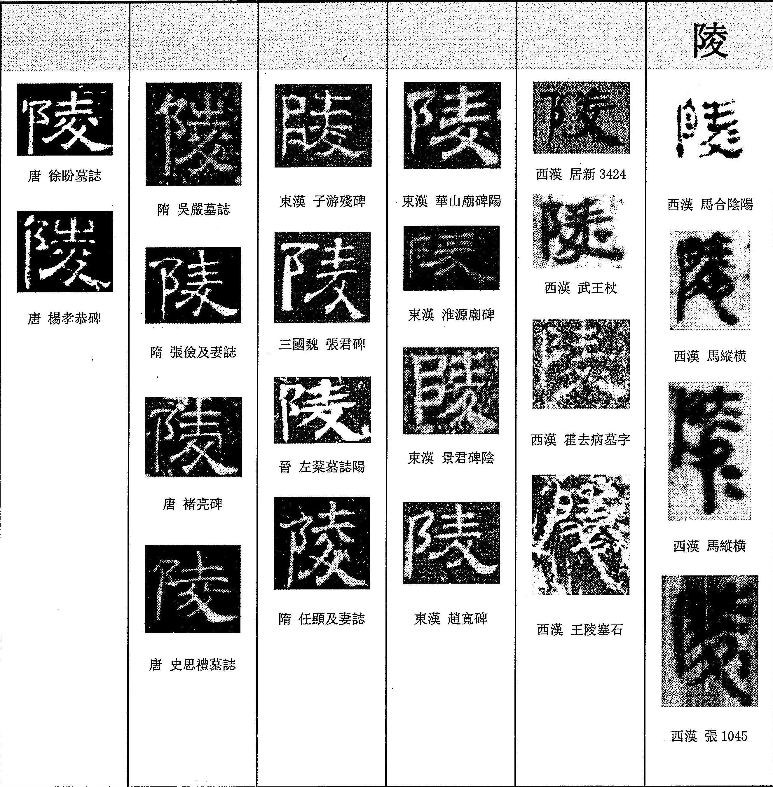 在汉隶中「陵」字写成淸一色的⿰阝麦」形.