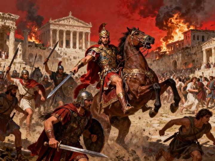 罗马将军率军冲锋,背景是燃烧的古典建筑,象征帝国的征服与动荡