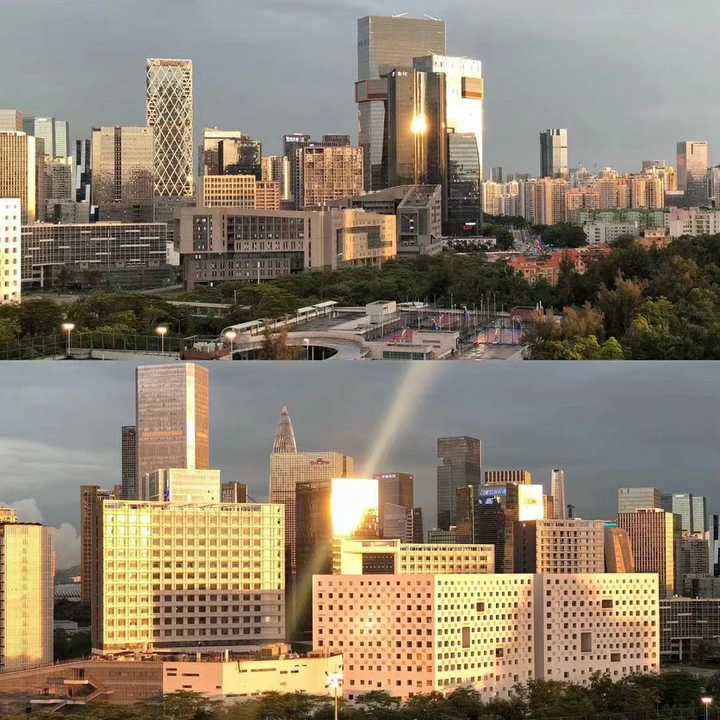 夕阳下这些建筑严重造成光污染.